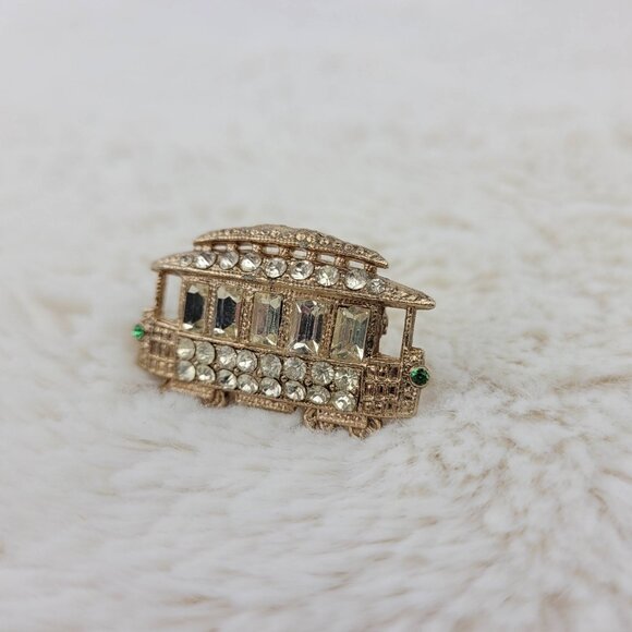 1940's Gold Tone Metal and Rhinestone Trolley Pin - Picture 3 of 4